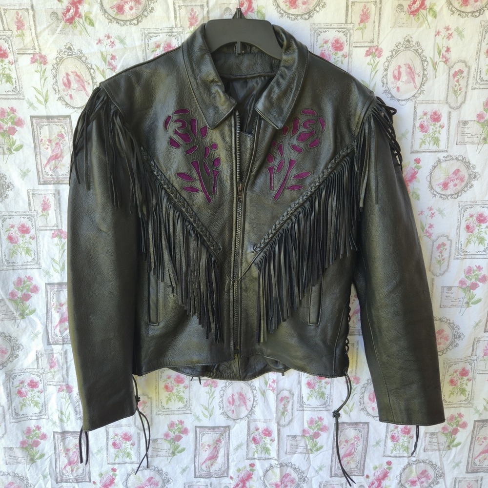Vintage UNIK Leather Fringe Motorcycle Jacket Womens M Black Purple Rose Western